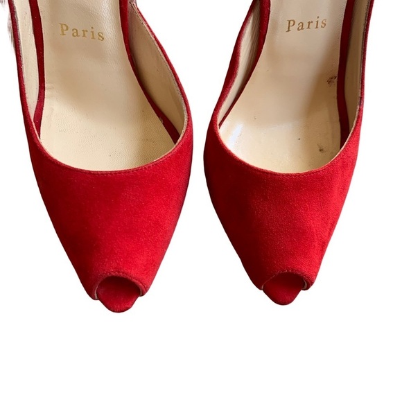 Christian Louboutin Barbara 100 Oeillet Red Suede Peep Toe Bow Heel Pumps - Picture 5 of 13